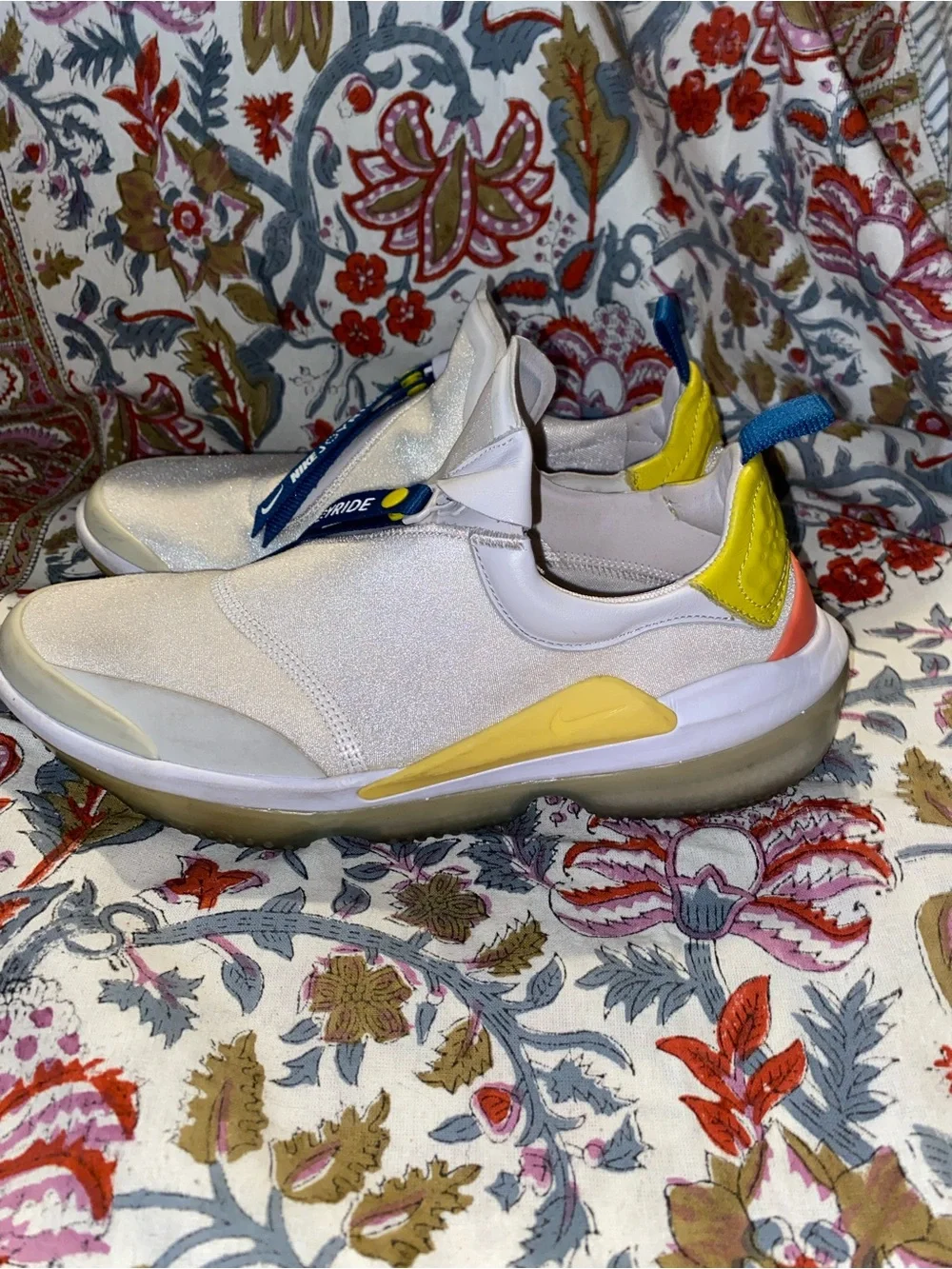 Nike White Slip-On Sneakers with Yellow and Navy Accents